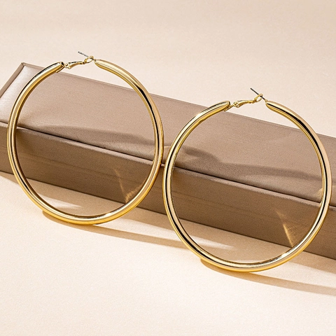 Hip Hop Punk Gold Alloy Bamboo Texture Hoop Earrings For Women Oversized Smooth Geometric Earrings And Bracelet Blessed Jewelry