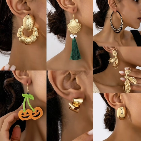 Pendientes de Botón de Aleación de Oro Vintage para Mujer Geométricos Concha Retorcida Estampado de Leopardo Halloween Calabaza Joyería