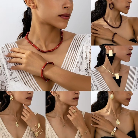 Mode Legierung Kunstperle Wassertropfen Muschel Floral Geometrisch Bambus Halskette Ohrringe Armband Ring Für Damen
