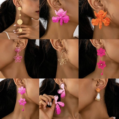 Fashion Oversized Geometric Pleated Painted Flower Earrings For Women Alloy Enamel Artificial Baroque Pearl Drop Earrings Jewelry