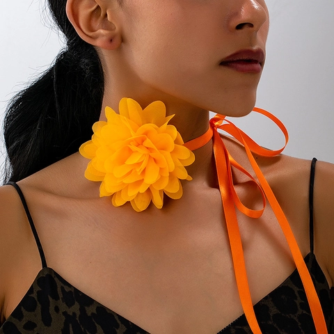 Retro Large Rose Flower Choker Necklace For Women Elegant Satin Ribbon Tie Up Floral Neck Chain French Style Jewelry