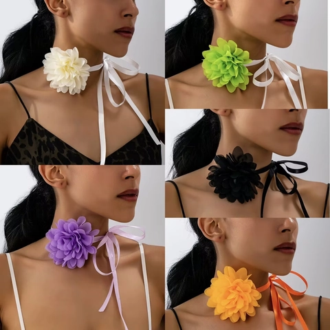 Retro Large Rose Flower Choker Necklace For Women Elegant Satin Ribbon Tie Up Floral Neck Chain French Style Jewelry
