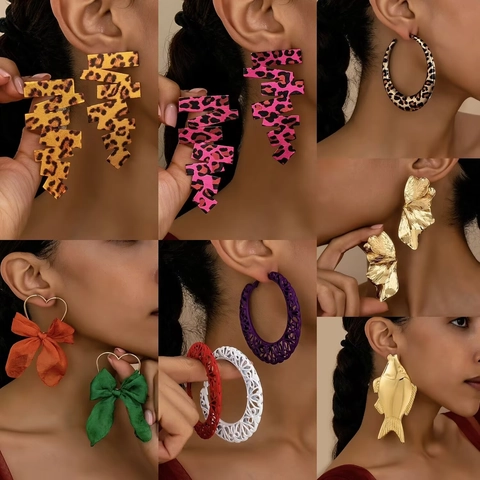 Exaggerated Alloy Earrings Leopard Print Hoops Fish Shape Geometric Z Style Retro Statement Dangle Jewelry For Women