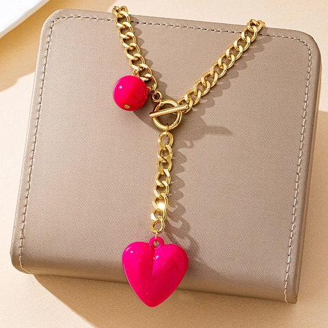 Vintage Gold Alloy Toggle Clasp Necklace For Women Red Heart Round Bead Pendant Thick Link Chain Jewelry Gift Necklace