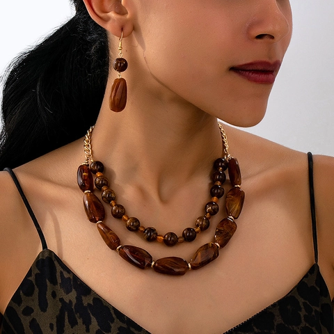 Boho Vintage Doppellagige Perlenkette Und Ohrringe Bernstein Marmorierte Harzperlen Goldlegierung Schmuck Für Damen