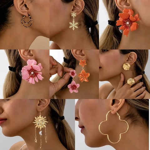 Fashion Korean Camellia Enamel Stud Earrings Hollow Geometric Clover Sun Moon Star Leopard Print Earrings For Women Jewelry