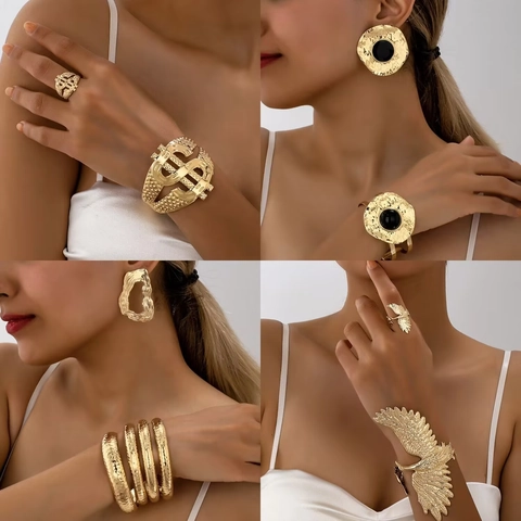 Vintage Gold Electroplated Alloy Jewelry Set For Women Hammered Open Bracelet Irregular Wave Earrings Dollar Sign Bird Ring Party Gift