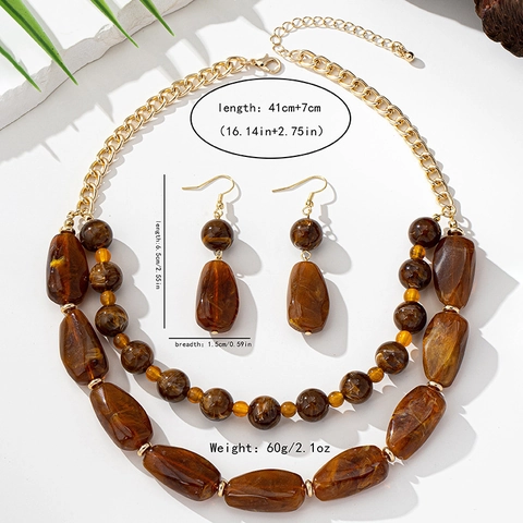 Boho Vintage Doppellagige Perlenkette Und Ohrringe Bernstein Marmorierte Harzperlen Goldlegierung Schmuck Für Damen