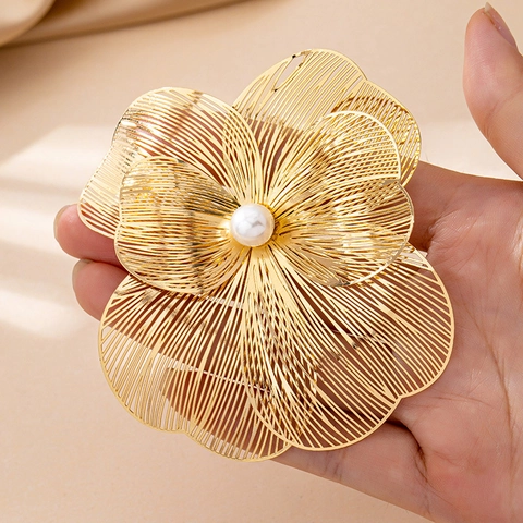 Vintage Elegant Gold Woven Fabric Floral Brooch With Artificial Pearl For Women Fashion Banquet Wedding Decoration Jewelry