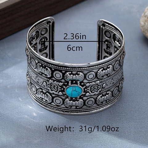 Vintage Boheemse Legering Open Armband Met Imitatie Turkoois Etnisch Bloemenpatroon Geometrisch Reliëf Verstelbare Armband Dames
