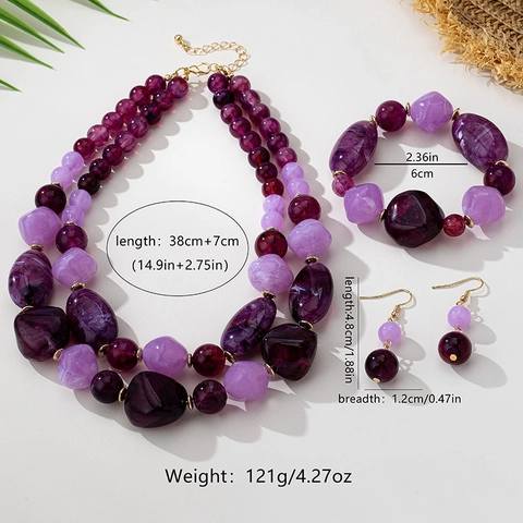 Vintage Bohemian Purple Resin Beaded Jewelry Set Alloy Layered Necklace Bracelet Earrings For Women Accessories Fashion