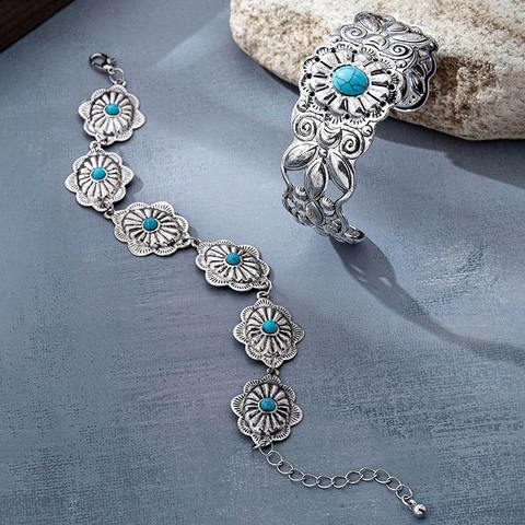 Vintage Legierung Türkis Armreif Und Armband Set Böhmisch Ethno Altsilber Blume Relief Schmuckset Für Damen