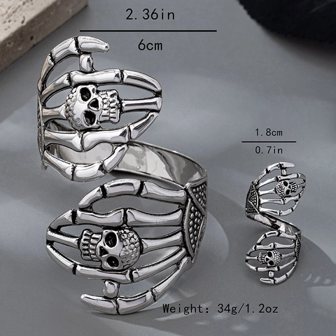 Bijoux Gothiques Punk Main de Squelette et Crâne en Alliage Argent Antique Bracelet Ouvert et Bague Réglable pour Femmes