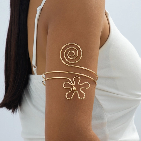 Bracciale da Braccio Superiore con Spirale e Fiore Bohemien per Donna in Lega Placcato Oro Aperto Regolabile Gioielli di Moda