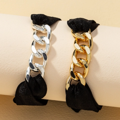Modern Alloy Metallic Chunky Chain Link Bracelet Elastic Fabric Wristband Fashion Hair Tie Accessory Gold Silver Electroplated Jewelry