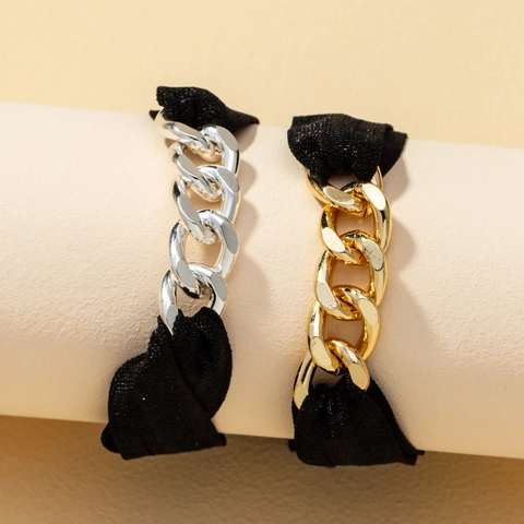 Modern Alloy Metallic Chunky Chain Link Bracelet Elastic Fabric Wristband Fashion Hair Tie Accessory Gold Silver Electroplated Jewelry