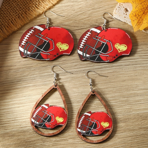 Holz Rugby Helm Hänger Ohrringe Für Damen Sport Stil Rot Helm Und Ball Bedruckt Holz Wassertropfen Ohrringe Herz Design Schmuck