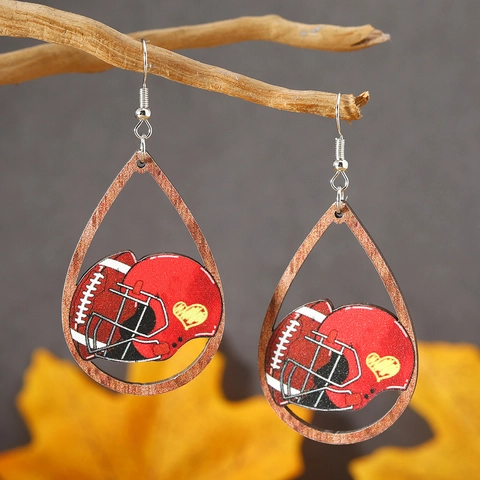 Holz Rugby Helm Hänger Ohrringe Für Damen Sport Stil Rot Helm Und Ball Bedruckt Holz Wassertropfen Ohrringe Herz Design Schmuck