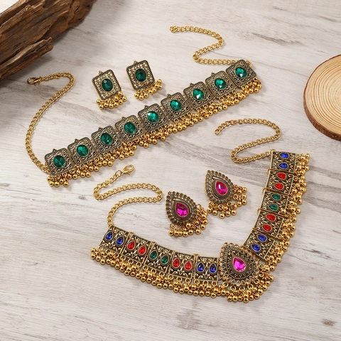 Vintage Ethnic Alloy Rhinestone Jewelry Set Bohemian Indian Style Tassel Necklace And Drop Earrings For Women Party Gift