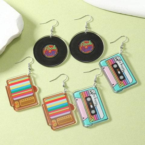 Retro Nostalgic Acrylic Alloy Hook Earrings Vinyl Record TV Cassette Tape Design For Music Festival Party Quirky Jewelry Women