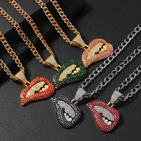 Hip-Hop Lippen Hanger Cubaanse Ketting Halsketting Legering Overdreven Volledige Strass Tanden Mond Sieraad Voor Heren Dames Feest