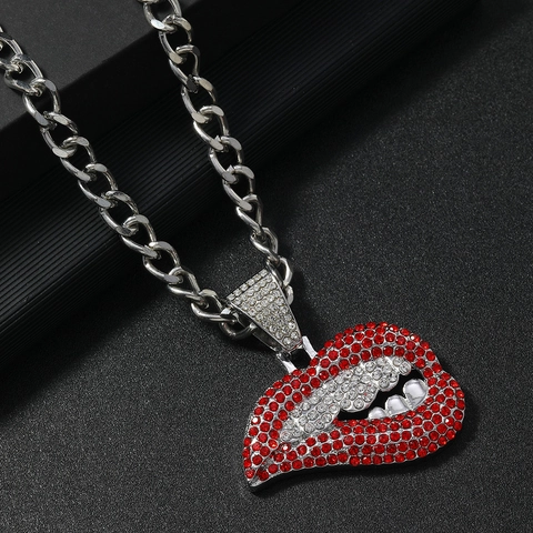 Hip-Hop Lippen Hanger Cubaanse Ketting Halsketting Legering Overdreven Volledige Strass Tanden Mond Sieraad Voor Heren Dames Feest