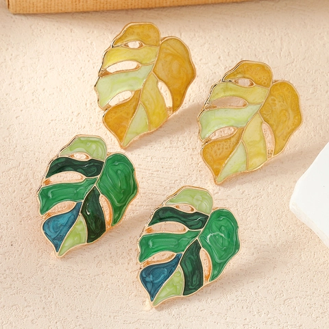 Alloy Monstera Leaf Stud Earrings Tropical Plant Drip Oil Enamel Gold Green Yellow Summer Jewelry For Women Gift