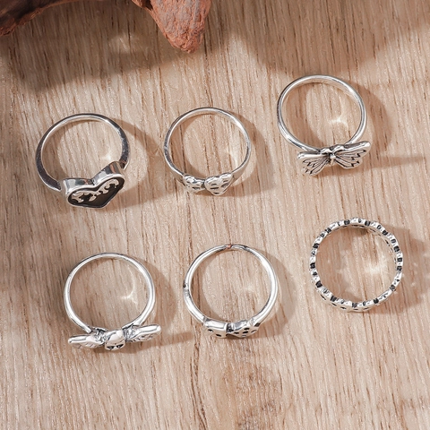 Vintage Antique Silver Alloy Heart Butterfly Skull Dice Wings Finger Rings Gothic Punk Jewelry For Women