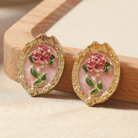 Vintage Alloy Enamel Flower Stud Earrings For Women Palace Style Rose Floral Rhinestone Faux Pearl Elegant Jewelry Accessories