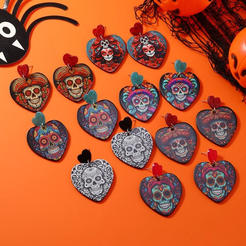 Orecchini a Goccia in Acrilico con Cuore di Teschio di Zucchero del Giorno dei Morti per Halloween con Perno in Acciaio