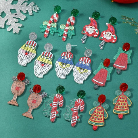 Christmas Acrylic Dangle Earrings For Women Santa Claus Bell Candy Cane Bow Pattern Colored Dots Glitter Festive Jewelry