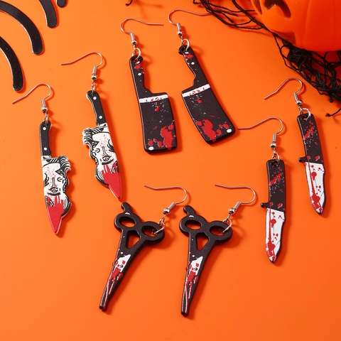 Halloween Horreur Couteau Sanglant Ciseaux Boucles d'Oreilles Pendantes Femmes Acrylique Effrayant Gothique Bijoux Cadeau