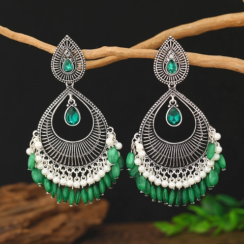 Pendientes Colgantes Étnicos Bohemios Vintage de Aleación para Mujer Pendientes Geométricos con Strass y Borla Joyería