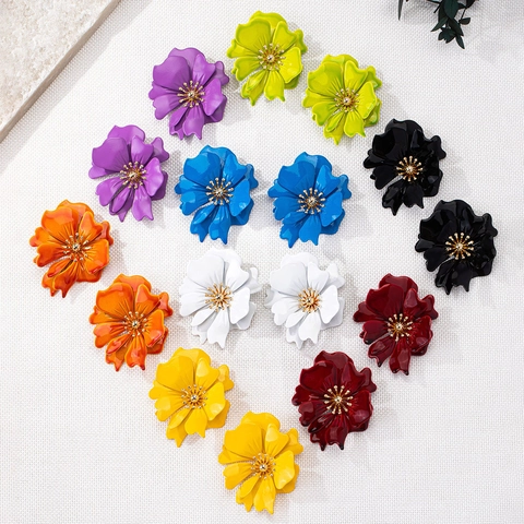 Fashion Korean Style Large Flower Stud Earrings For Women Colorful Petal Alloy Earrings With Stainless Steel Earring Post Rhinestone Jewelry Gift