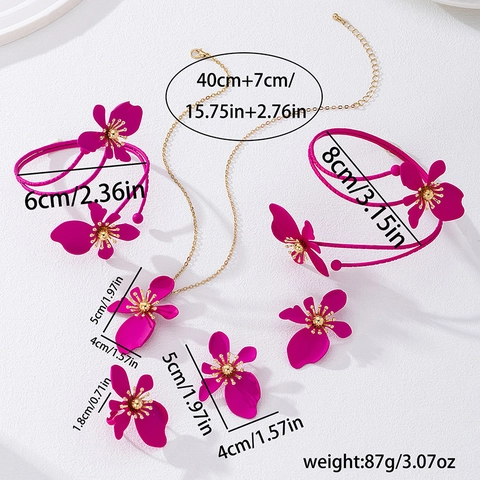Parure de Bijoux Fleur Rose Vif Mode Occidentale Avec Collier Boucles d'Oreilles Bague Bracelet Alliage Plaqué Or Accessoires Femmes