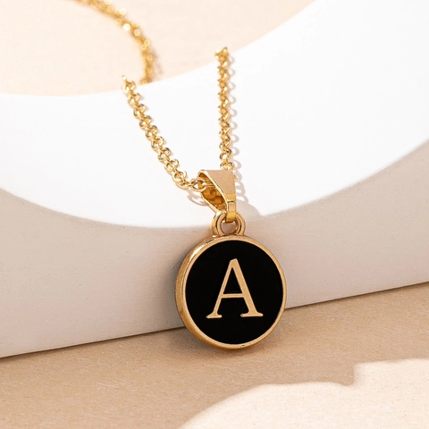 Gold Plated Alloy Round Initial Pendant Necklace For Women Black Enamel Capital A-Z Letter Alphabet Clavicle Chain Jewelry