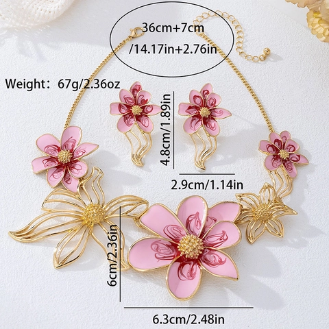 Fashion Women Alloy Enamel Pink Flower Jewelry Set Individual Statement Necklace And Matching Earrings For Party Dating
