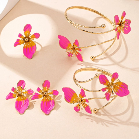 Enamel Flower Alloy Jewelry Earrings And Ring And Bracelet For Women Minimalist Vacation Style Fashion Accessories