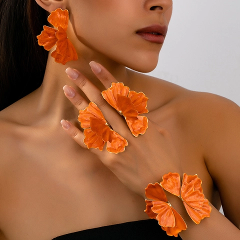 Vintage Alloy Enamel Flower Jewelry Collection For Women Petal Open Ring Bangle Earrings Chic Trendy Floral Party Accessories