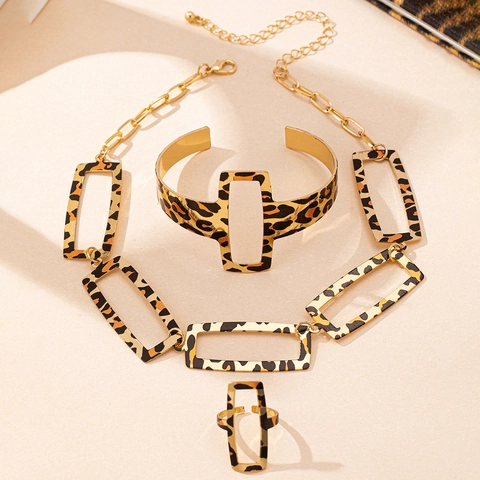 Trendy Leopard Print Geometric Quadrilateral Open Ring Bracelet Necklace Jewelry Set For Women Retro Gold Alloy Accessories