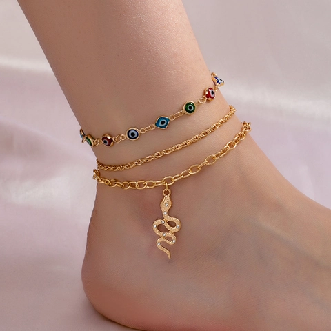 Boho Gold Legierung Mehrreihige Fußkettchen Für Damen Bunte Böser Blick Perlen Kordelkette Schlange Anhänger Strass Sommer Strand Schmuck
