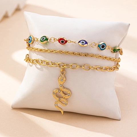 Boho Gold Legierung Mehrreihige Fußkettchen Für Damen Bunte Böser Blick Perlen Kordelkette Schlange Anhänger Strass Sommer Strand Schmuck
