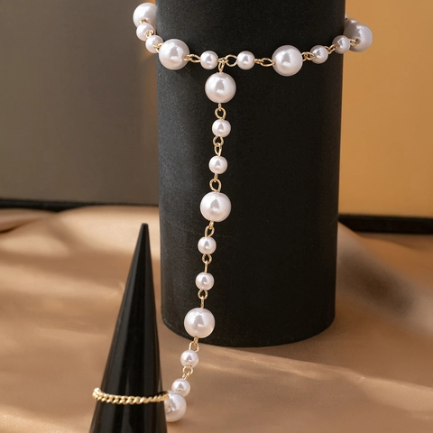 Baroque Imitation Artificial Pearl Barefoot Sandal Anklet With Toe Ring Gold Alloy Metal Chain For Women Beach Vacation Jewelry