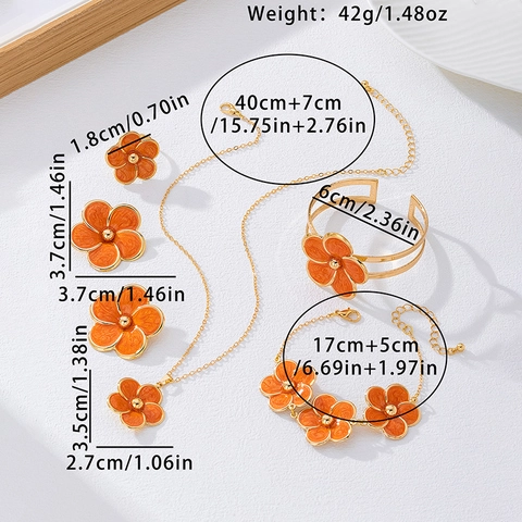 Fashion Orange Enamel Flower Necklace Bracelet Bangle Earrings And Ring Gold Plated Alloy Floral Jewelry For Women Gift