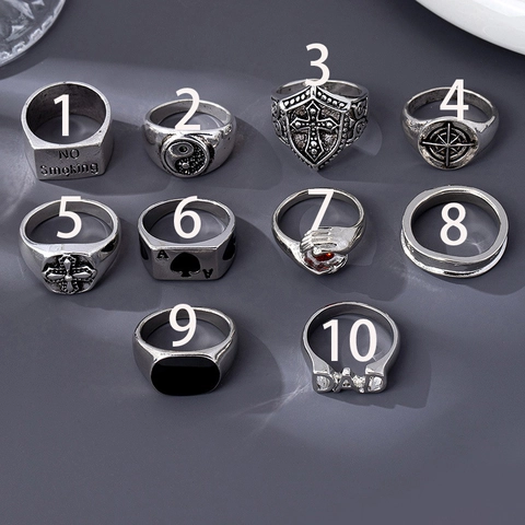 Vintage Punk Zinc Alloy Ring For Men Women Antique Silver Cross Ace Of Spades Yin Yang Star Moon DAD Jewelry Accessory