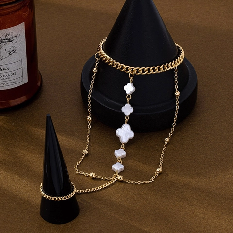 Boho Legierung Künstliche Perle Vierblättriges Kleeblatt Fußkettchen Gold Vintage Fußkette Für Damen Strand Urlaub Schmuck