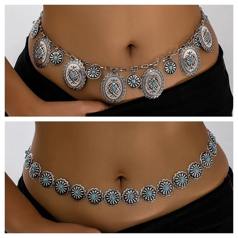 Catena da Vita in Lega Vintage Bohemien per Donna Sexy Disco Geometrico Inciso Floreale Catena da Ventre Spiaggia Gioielli per il Corpo