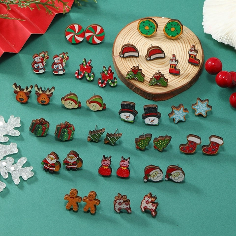 Pendientes de Botón de Madera de Navidad Papá Noel Muñeco de Nieve Reno Pendientes de Madera Estampados para Mujer Regalo