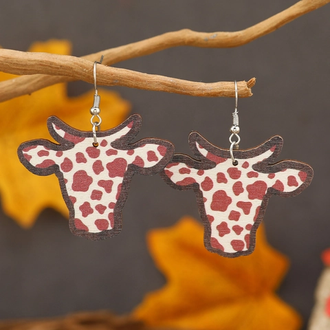 Bohemian Wood Bull Head Skull Drop Earrings Cow Leopard Print Sunflower Floral Western Southwestern Style Jewelry For Women