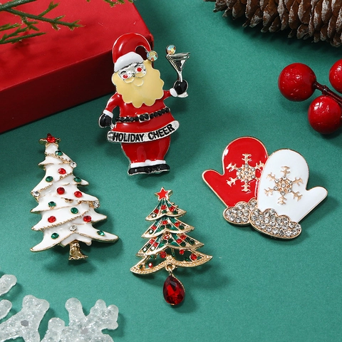 Broche de Noël en Alliage Émaillé Avec Strass Père Noël Sapin de Noël Gant Bijoux Festifs pour Femme Fête